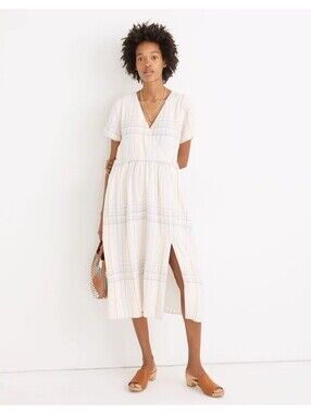 Madewell Linen Blend Plaid Faux Wrap Midi Dress Pockets Lined SP Small